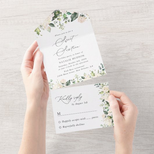 White Flowers, Cream Flowers, Boho, Sweet 16 オールインワン招待状 (貼ってはがせる)