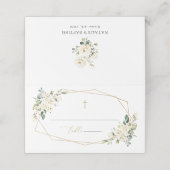 White Flowers, Cream Flowers, Greenery, Baptism プレイスカード (外部開封)