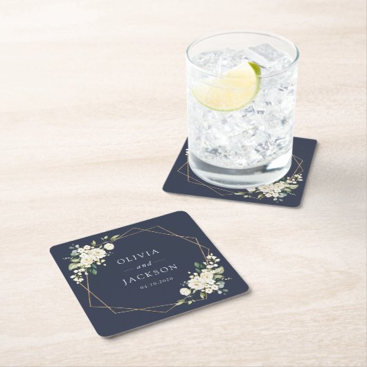 White Flowers, Cream Flowers, Greenery, Wedding スクエアペーパーコースター (インサイチュ)