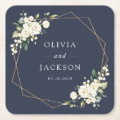 White Flowers, Cream Flowers, Greenery, Wedding スクエアペーパーコースター (正面)
