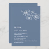 White Flowers Dusty Blue Casual Wedding 招待状 (正面/裏面)