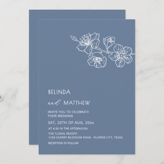 White Flowers Dusty Blue Casual Wedding 招待状 (正面/裏面)