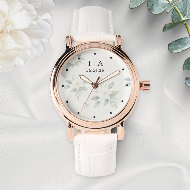 White Flowers Elegant Personalized Couple Names 腕時計 (An elegant watch to personalize with the couple's initials and wedding date)