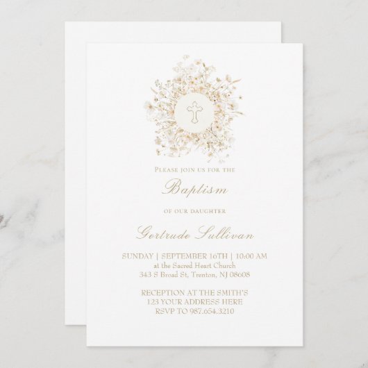 white flowers frame Baptism 招待状 (正面/裏面)