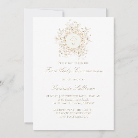 white flowers frame First Holy Communion 招待状 (正面)