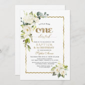 White Flowers Gold Girl First Birthday & Baptism 招待状 (正面/裏面)