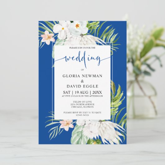 White Flowers on Blue Background Wedding 招待状 (スタンド正面)