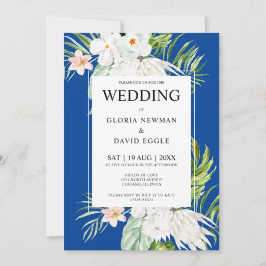 White Flowers on Blue Wedding  Invitation 招待状 (正面)