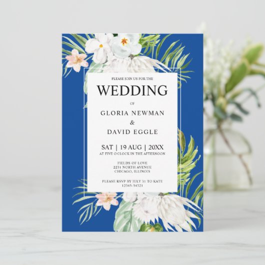 White Flowers on Blue Wedding Invitation 招待状 (スタンド正面)