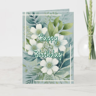 White Flowers on Green Leaves Background Birthday カード