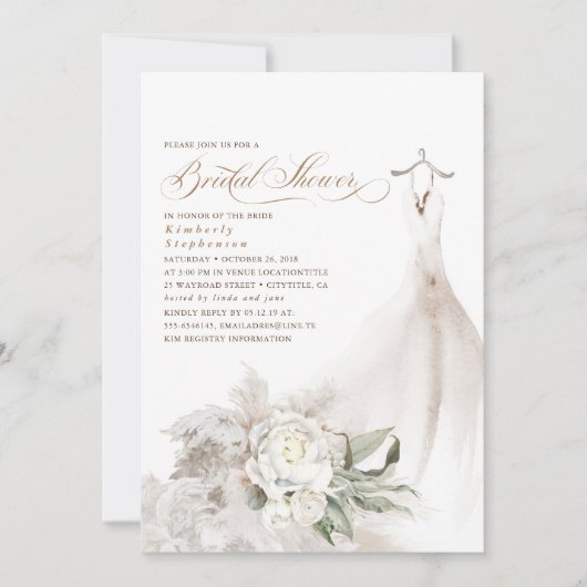 White Flowers Pampas Grass Greenery Bridal Shower 招待状 (正面)