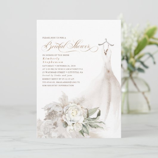 White Flowers Pampas Grass Greenery Bridal Shower 招待状 (スタンド正面)