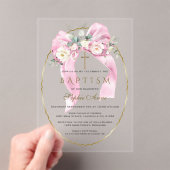 White Flowers Pink Bow Girl Baptism Transparent   アクリル招待状 (インサイチュ (ポータブル))