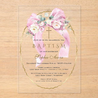 White Flowers Pink Bow Girl Baptism Transparent   アクリル招待状