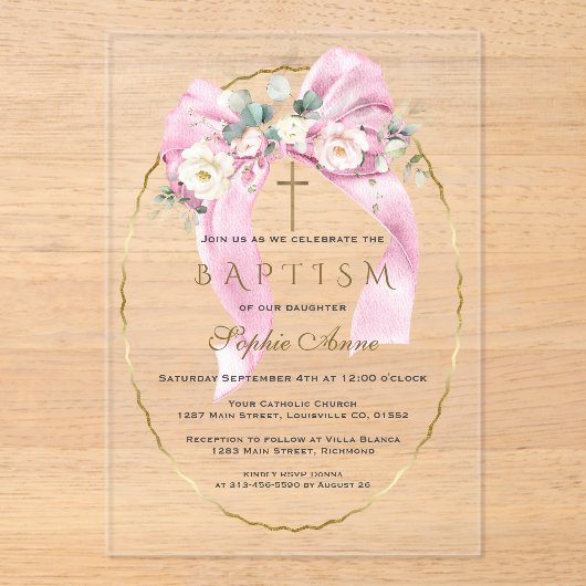 White Flowers Pink Bow Girl Baptism Transparent   アクリル招待状 (正面)