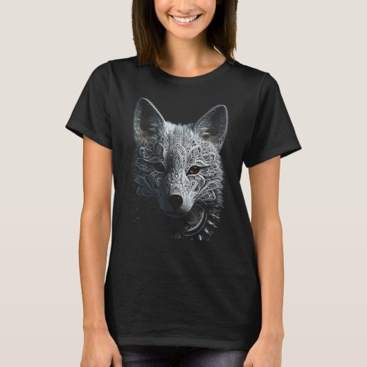 White Fox Mandala Art - Animal Fox Tシャツ (正面)