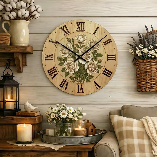 White Garden Flowers Wall Clock ラージ壁時計