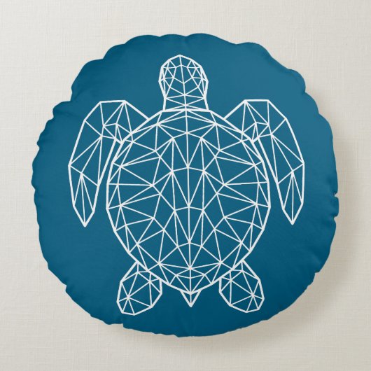 White Geometric Wireframe Sea Turtle ラウンドクッション (正面)