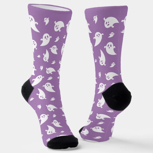 White Ghost Pattern On Purple Cute Halloween ソックス (傾斜あり)