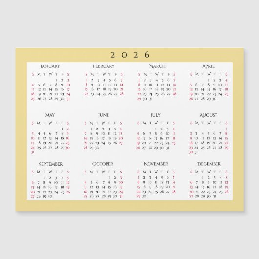 White Gold 2026 Yearly Full Year Calendar Magnet (正面)