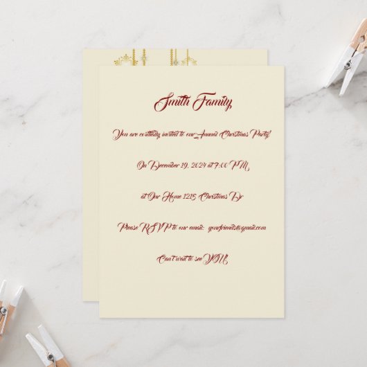 White, Gold and Red Christmas Party 招待状 (正面/裏面インサイチュ)