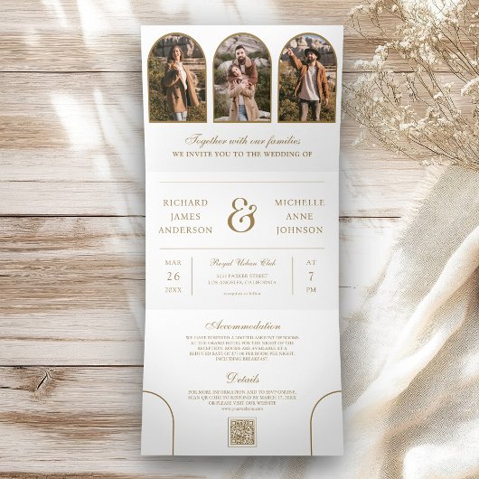 White Gold Arch Photo QR code Wedding 三つ折り招待状