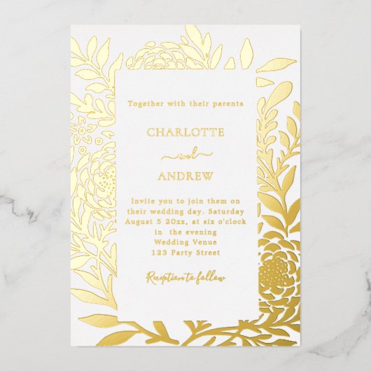 White gold botanical luxury wedding 箔招待状 (正面)