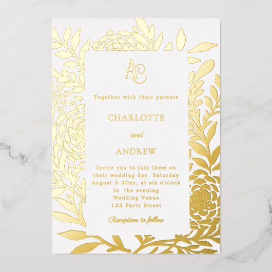 White gold botanical monogram luxury wedding 箔招待状 (正面)