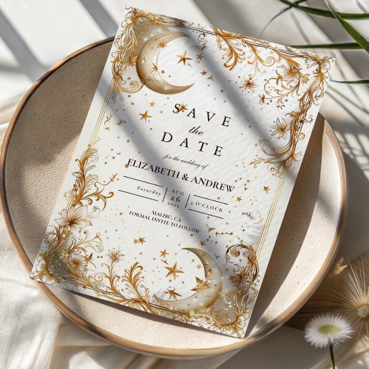 White Gold Celestial Moon & Stars Wedding セーブザデート