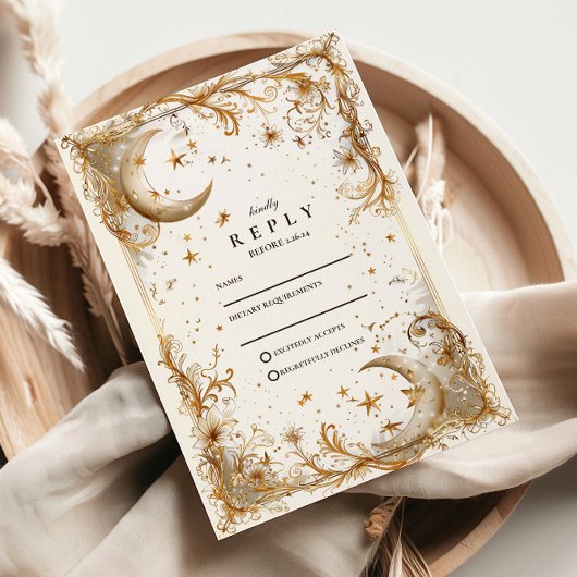 White Gold Celestial Moon & Stars Wedding 出欠カード