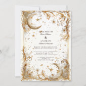White Gold Celestial Moon & Stars Wedding 招待状 (正面)