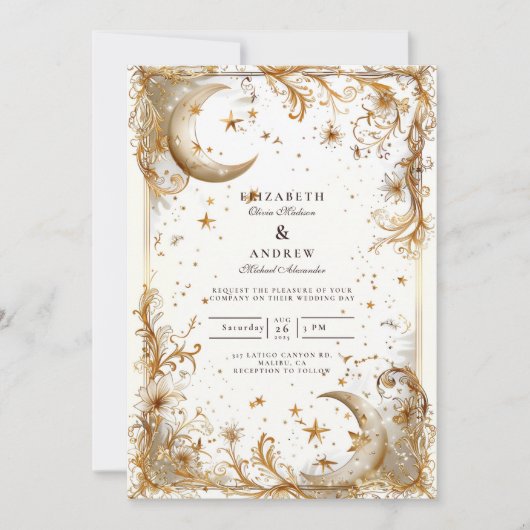 White Gold Celestial Moon & Stars Wedding 招待状 (正面)