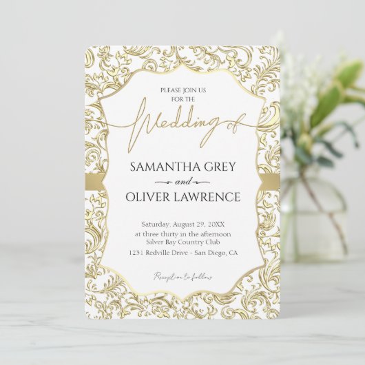 White & Gold Damask Wedding Invitation 招待状 (スタンド正面)