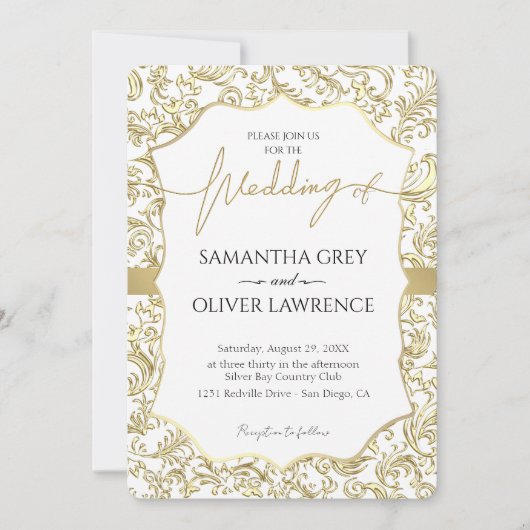 White & Gold Damask Wedding Invitation 招待状 (正面)