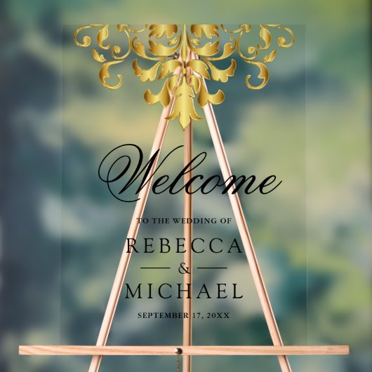 White Gold Damask Wedding Welcome アクリルサイン (ニュートラル)