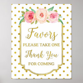 White Gold Dots Blush Floral Favors Sign ポスター