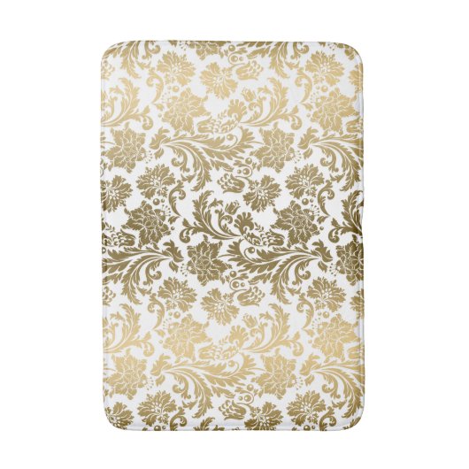 White & Gold Floral Damasks Pattern バスマット (正面縦)