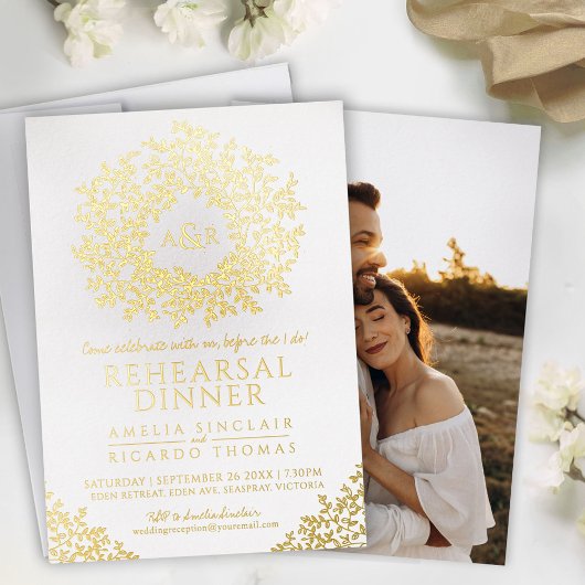 White gold foil monogram rehearsal dinner 箔招待状