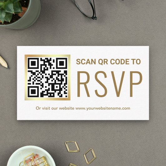 White Gold Foil QR Code RSVP Wedding Website エンクロージャーカード