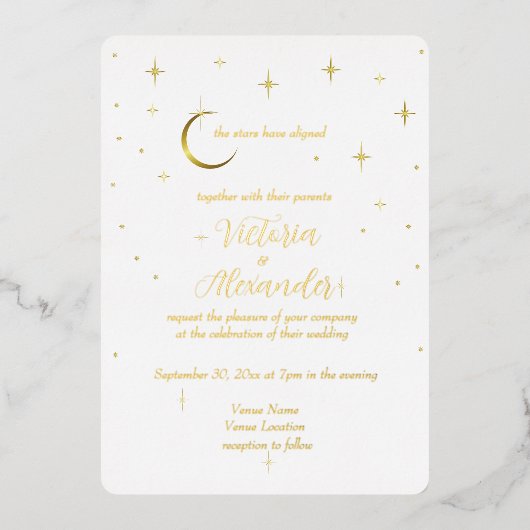 White Gold Modern Minimal Celestial 箔招待状 (正面)