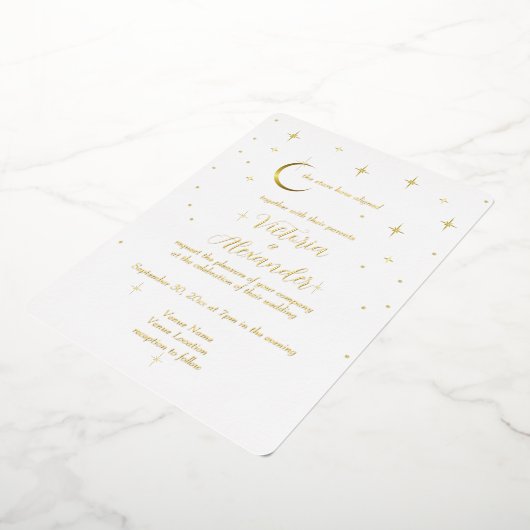 White Gold Modern Minimal Celestial 箔招待状 (回転した状態)