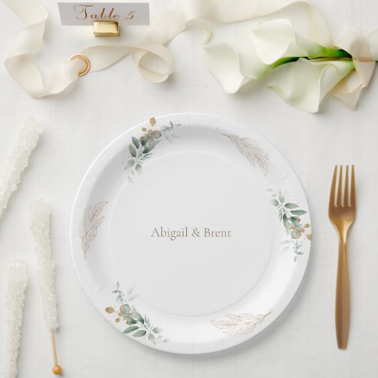 White & Gold Personalized Foliage Wedding ペーパープレート (ウェディング)