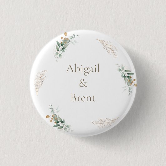 White & Gold Personalized Foliage Wedding 缶バッジ (正面)
