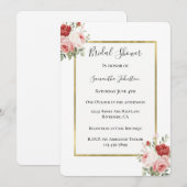 White Gold Pink Red Roses Floral Bridal Shower 招待状 (正面/裏面)