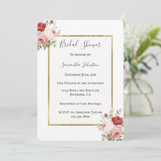 White Gold Pink Red Roses Floral Bridal Shower 招待状 (スタンド正面)