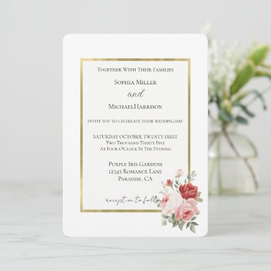 White Gold Pink Red Roses Floral Wedding 招待状 (スタンド正面)