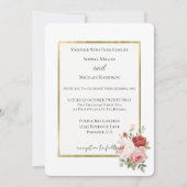 White Gold Pink Red Roses Floral Wedding 招待状 (正面)