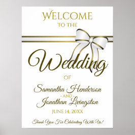 White & Gold Ribbon Wedding Welcome Sign ポスター