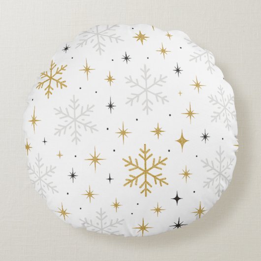 White & Gold Snowflake Sparkle Throw Pillow  ラウンドクッション (正面)