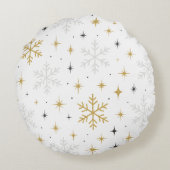 White & Gold Snowflake Sparkle Throw Pillow  ラウンドクッション (裏面)